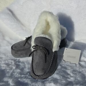 Gray Suede with White Fur Lining and Trim Slippers House Shoes Moccasin